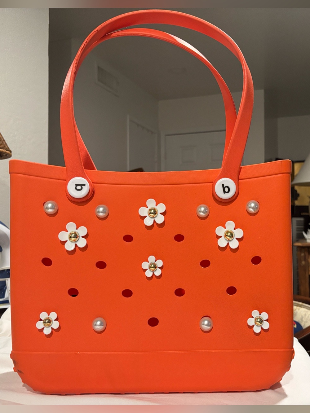 Authentic Baby Bogg Bag Orange bundled w 23 Pearl N Daisy Charms 14”x 5”x 11”